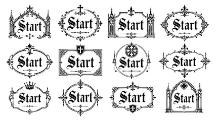 Obraz premium Gothic style start label collection featuring ornate black decorative borders and frames.