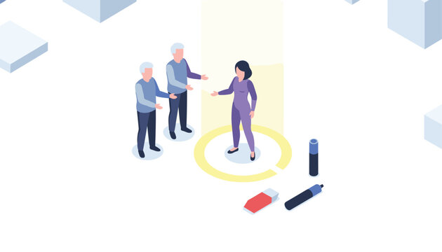 Human resources concept showing two recruiters interviewing a female candidate standing in a bright spotlight.