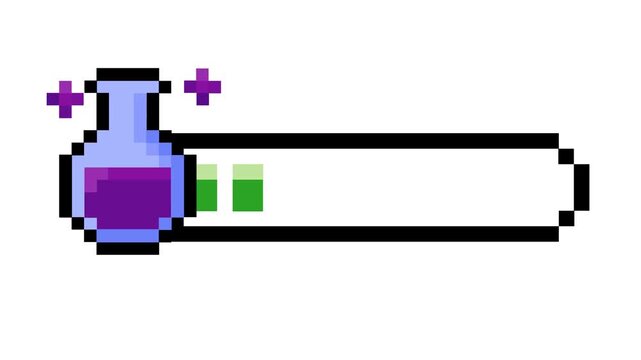 Pixel art concept a magical potion bottle with progress bar indicating health or energy levels, perfect for retro game UI and fantasy digital asset designs