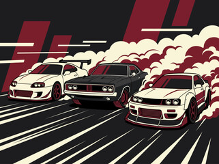 Vector Illustration of Stylized Drift Cars and Muscle Car Racing with Smoke © Revi