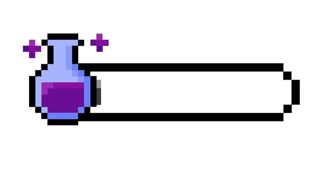 Pixel art retro game interface featuring a sparkling purple magic potion icon beside an empty progress bar, ideal for fantasy adventure game assets