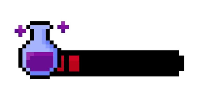 Vibrant pixelated magic potion and critical health bar graphic for video game UI design, depicting a fantasy RPG interface element for digital media