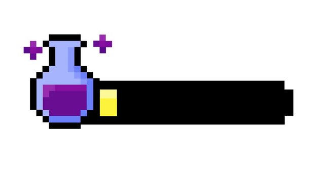 Vibrant pixel art magic potion bottle and glowing progress bar UI element, perfect for retro fantasy game health or mana status indication, ideal for digital interactive asset design