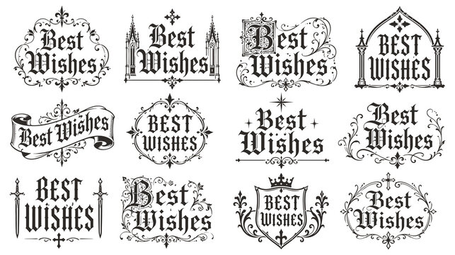 Gothic style best wishes text designs with architectural and sword motifs.