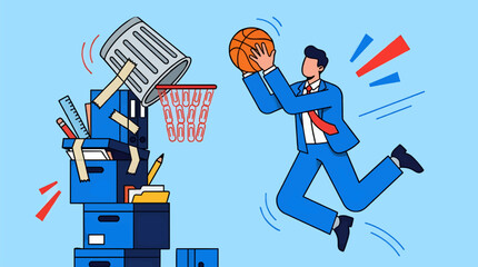 Flat Design Businessman in Blue Suit Attempts Slam Dunk into Paperclip Hoop with Basketball, Stacked Office Supplies and Trash Can in Foreground, Blue Background with Red and Blue Accents © sus