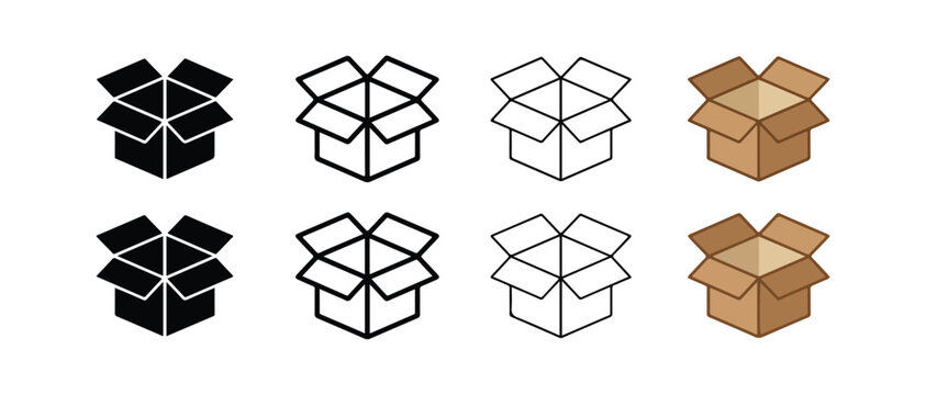 open cardboard boxes in different colors and line styles for packaging and shipping illustrations  open boxes in black white and brown