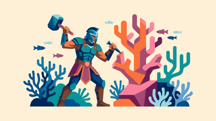 Flat Design Warrior Sculpting Coral Reef with Hammer and Chisel, Underwater Scene with Fish and Marine Flora, Creative Art Concept © sus
