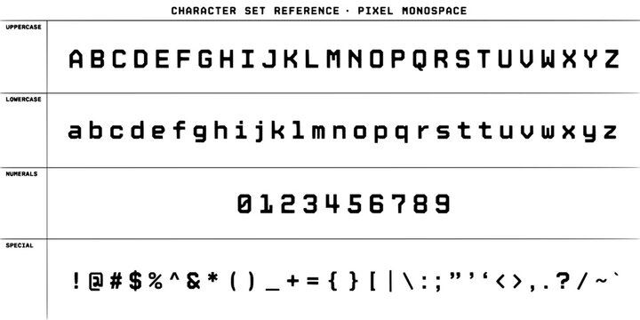 Character Set Reference Displaying Uppercase and Lowercase Letters, Numbers, and Special Symbols in Pixel Monospace Font