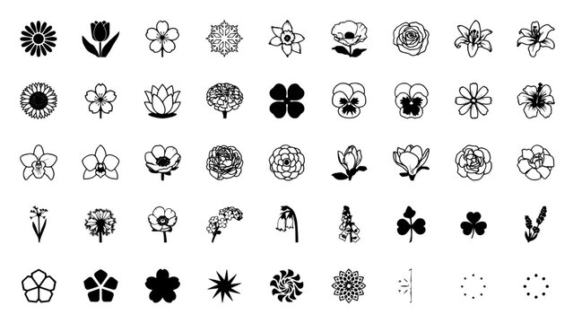 Collection Distinct Black and White Flower Icons Arr Abstract Visual Background with Clean Commercial Design Style
