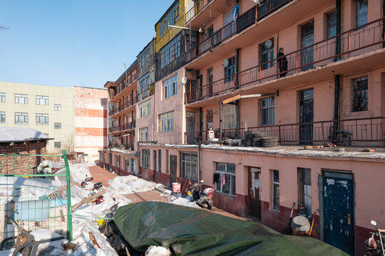 old residential building blocks of Miner Community of North-East China in winter