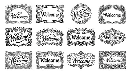Welcome text typography set in floral frames with nature inspired decorative ornaments. © MdJubayer