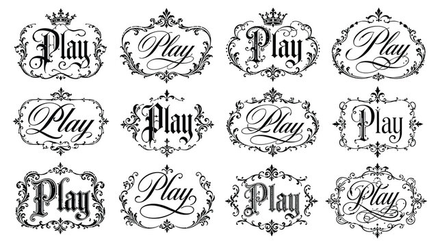 Play calligraphic text in ornate frames collection with royal crown and swirl details.