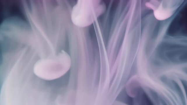Close-up of wispy smoke curling in pastel purples and pinks, forming loops and ribbons against a muted background. Light and shadow play across translucent plumes, creating movement.