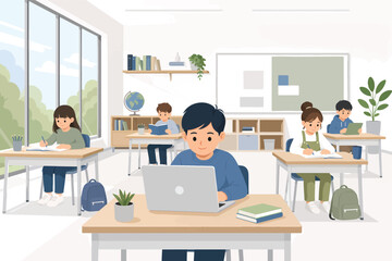 Fototapeta premium Modern classroom with diverse students using laptop tablet books and notebooks in bright learning environment