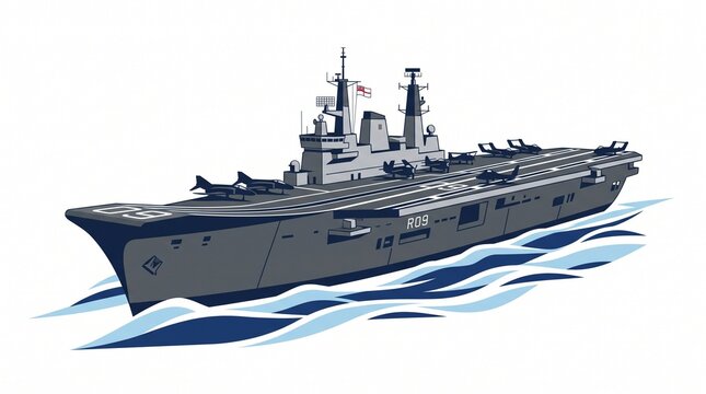 British Royal Navy HMS Ark Royal R09 aircraft carrier with Harrier jump jets vector illustration