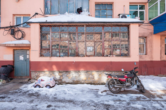 old residential building blocks of Miner Community of North-East China in winter