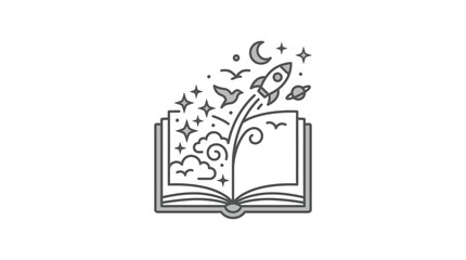 Sleek Monochrome of an Open Book with Whimsical Space and Fantasy Elements Emerging with high quality professional line art symbols for modern creative design and digital branding projects © samsudin
