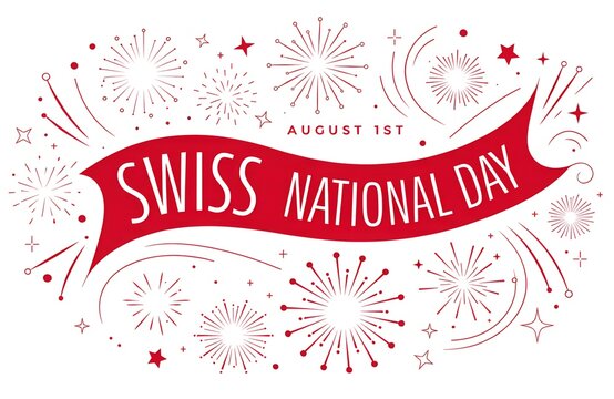 Swiss National Day Celebration August 1: Mountains, Flag, Alphorn, Goat, Edelweiss Illustration, Swiss National Day Celebration 1 August Typography