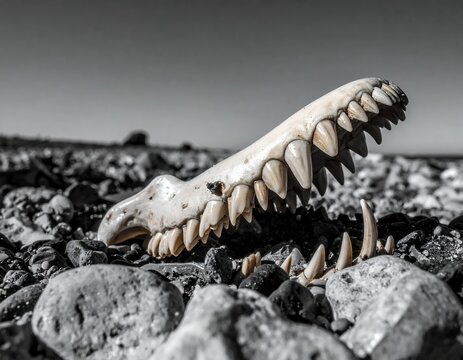 Close-up of a Crocodile Skull on a Rocky Shoreline.