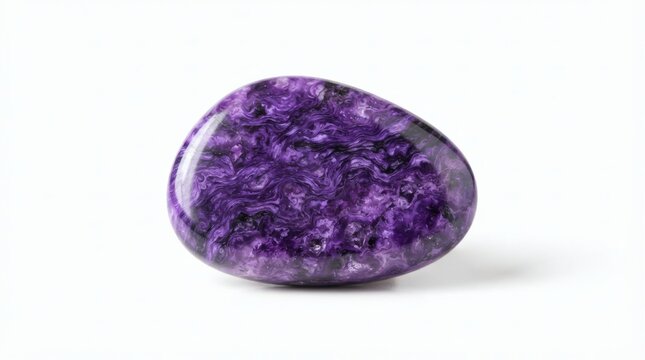 A polished Charoite gemstone with deep purple swirling textures isolated on a clean white background for jewelry and spiritual wellness collection