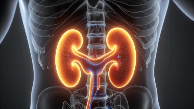 Medical illustration showing human torso with glowing orange kidneys and spinal anatomy.