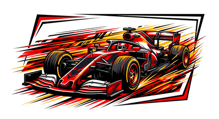 Obraz premium Dynamic vector illustration of a red and black Formula 1 racing car speeding forward with energetic motion lines on a white background.