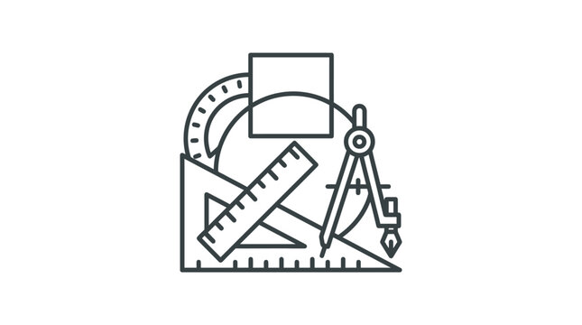 Corporate Minimalist Line Drawing of Drafting Tools and Protractor Inside a Square Frame for Design Architecture or Engineering Stock