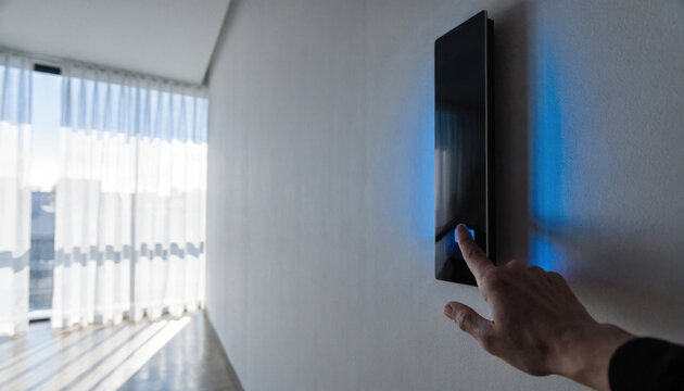 A hand presses a button on a modern wall mounted smart home control panel