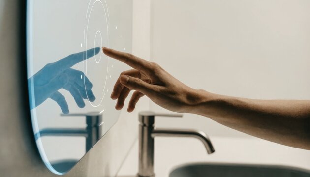 A hand touches a futuristic digital interface on a bathroom mirror