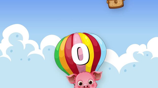 Cartoon Animals in Numbered Hot Air Balloons Floating Through Clouds