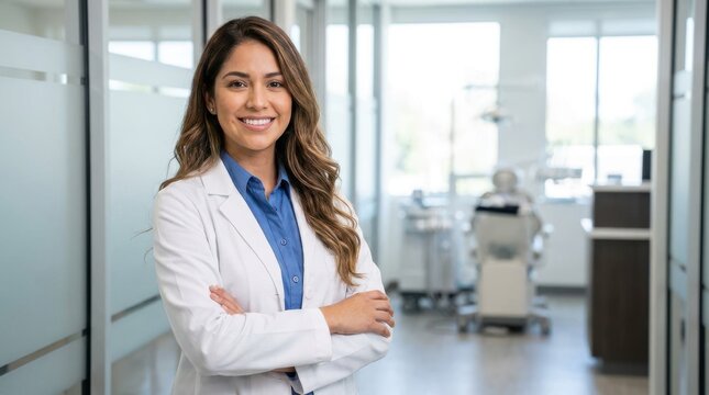 Confident female doctor in white coat with arms crossed in clinic hallway.