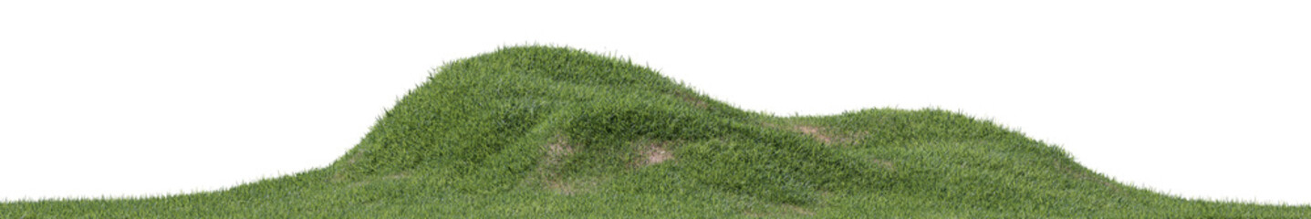 Obraz premium Lush green rolling hills cover isolated on transparent background, fresh grassy slope terrain element for landscape architecture design composition, Png and 3d Rendering