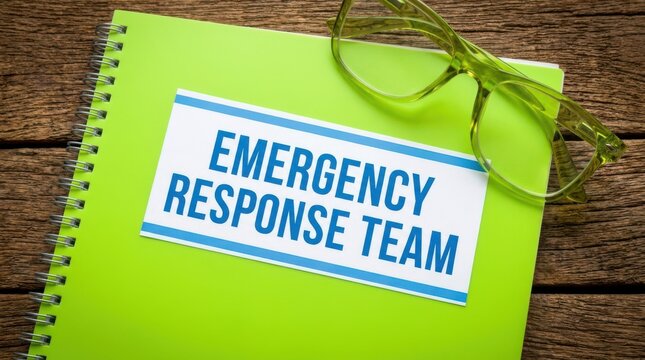 Emergency response team sign on green notebook with glasses on wooden background.
