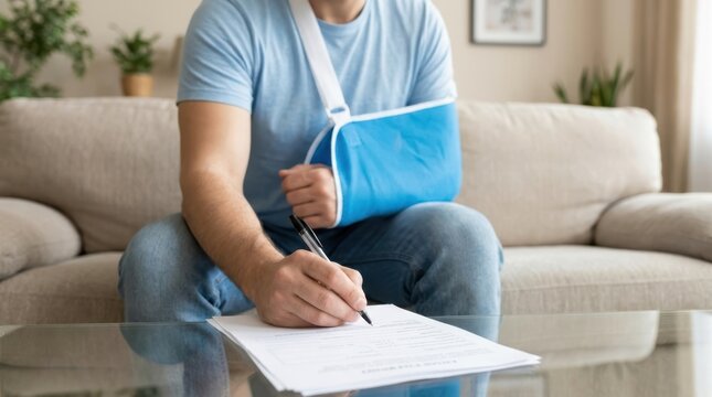 Man with broken arm in a sling signing insurance paper, sitting on sofa, accident claim.