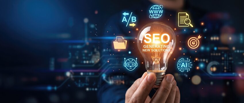 Creative business solutions represented by a hand holding a light bulb surrounded by seo and digital icons symbolizing innovation and technology in a contemporary workspace.