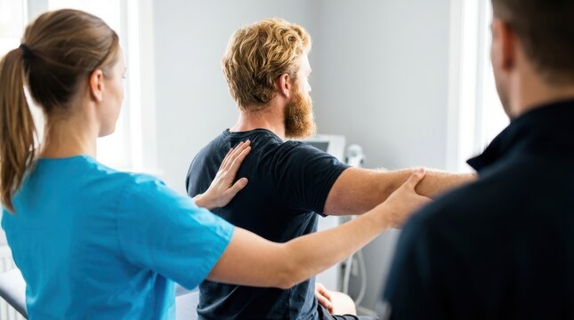 Physical therapist performing shoulder mobility test on patient with assistance of another medical professional.