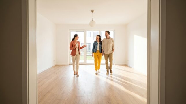 Real estate agent showing bright new apartment to young couple holding hands walking together on hardwood floors.