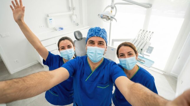 Team of dentists smiling and waving in a modern dental clinic during selfie.