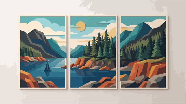 Modern triptych vector illustration featuring a serene mountain landscape with pine trees and a small sailboat on calm blue water