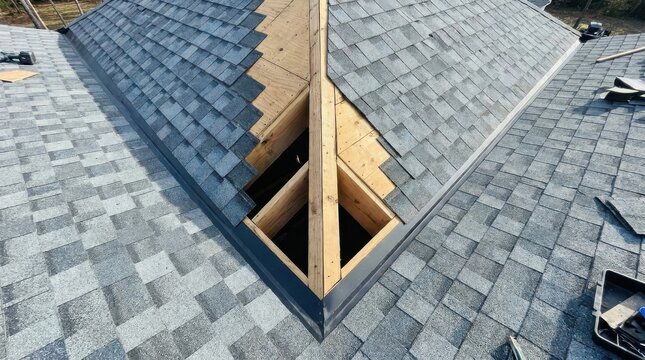 Roof construction site showing unfinished wooden support beams and asphalt shingles installation on house peak.
