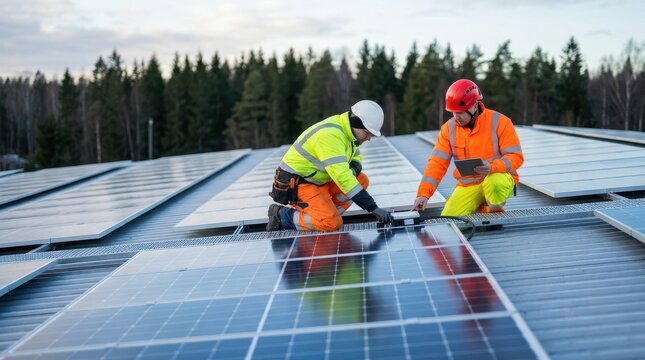 Technicians in high visibility clothing working together on solar roof panel installation with digital tablet.