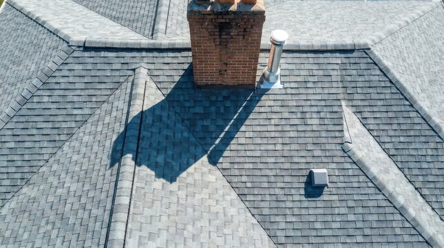 Top down drone view of house roof with brick chimney and metal vent pipe showing asphalt shingle tile texture.