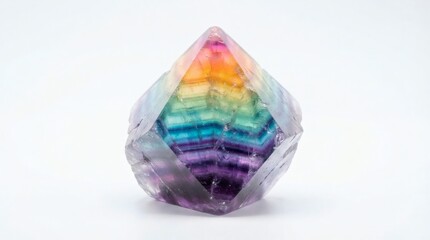Obraz premium Stunning Polished Fluorite Crystal Point Featuring Vibrant Rainbow Color Banding and Natural Geometric Mineral Structure on a Crisp White Background