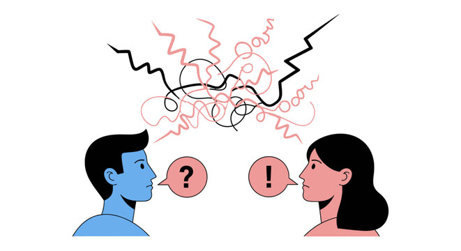 People arguing, confused communication, disagreement, conflict, misunderstanding, question and exclamation symbols