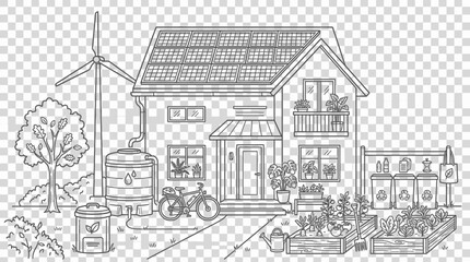 Fototapeta premium Eco friendly house with solar panels and wind turbine. Sustainable home with garden.