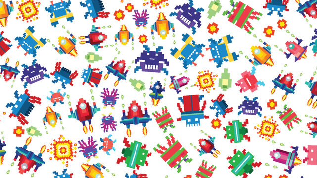 Retro Pixel Art Pattern with Alien Spacecraft and Arcade Sprites