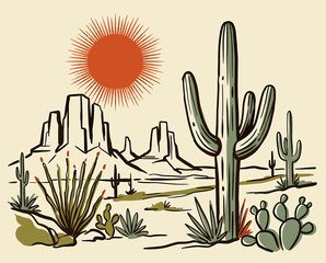 Desert landscape, saguaro cactus illustration, vintage western art, Arizona desert sun, retro southwest mountains, wild west nature print © srina