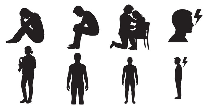 Set of black silhouettes showing people experiencing various health issues, discomfort, and emotional distress in daily life.
