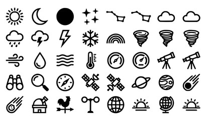 Minimalist weather celestial and observation icon set with sun moon telescope clouds and astronomy symbols isolated on white background © Shahinur