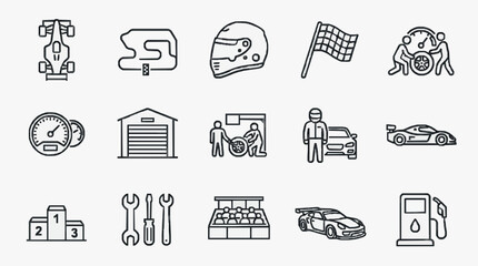 Corporate Icons Set Featuring Black and White Line Art of Racing Cars Mechanics and Motorsport Elements © Ncenceleng
